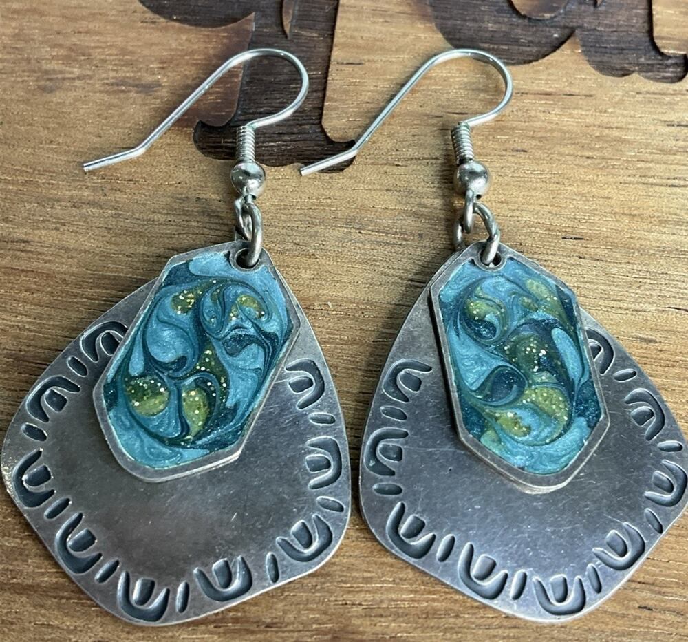 Vintage Sterling Silver Blue Enamel Mixed Metal Dangle 925 Earrings Signed NF